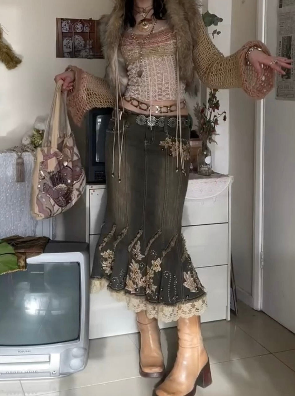 Vintage Embellished Denim Midi Skirt, 6