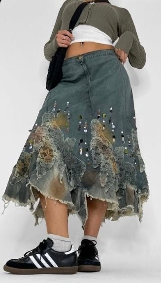 Vintage Embellished Denim Midi Skirt, 6