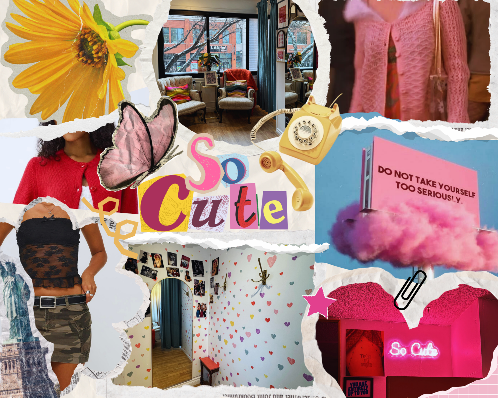 Collage of various images including a sunflower, a room interior, a pink bag, and text with decorative elements.